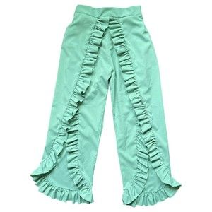 Double Slit Hem Ruffle Trim Wide Leg Pants Sz Small Green Sage Mint Open Tulip S